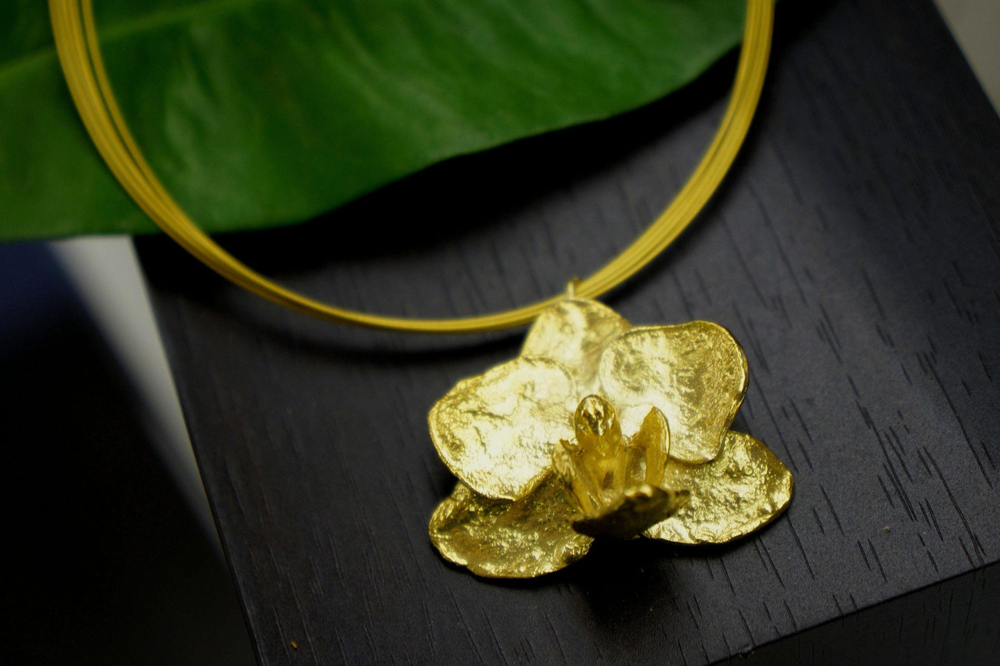 Gold Orchid Flower Necklace, Handmade Nature Jewelry, Organic Statement Pendant, Gift for Beauty & Health, Eco Sustainable Brass