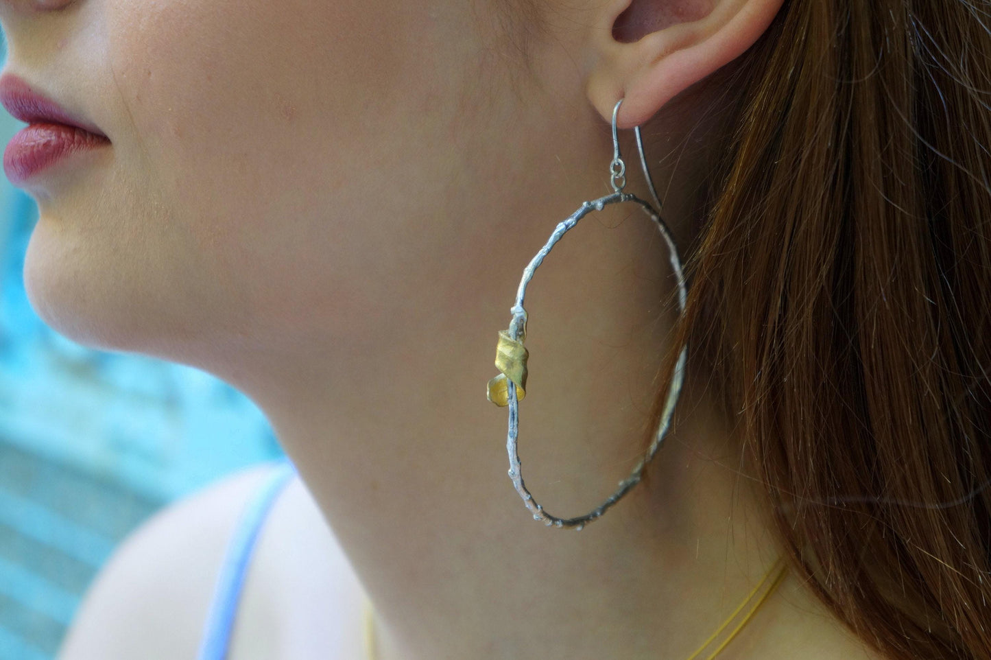 Real Olive Branch Gold Hoop Earrings, Handmade Nature Jewelry, Organic Botanical Hoops, Unique Gift for Nature Lovers, 14K Gold Plated Sterling Silver 925
