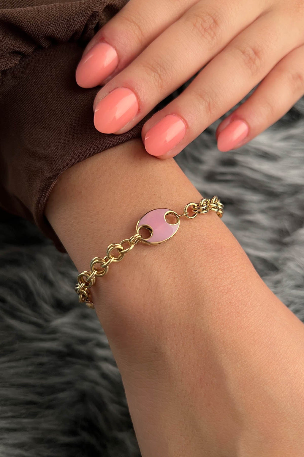 14ct Gold Double Rolo Bracelet With Pink Object