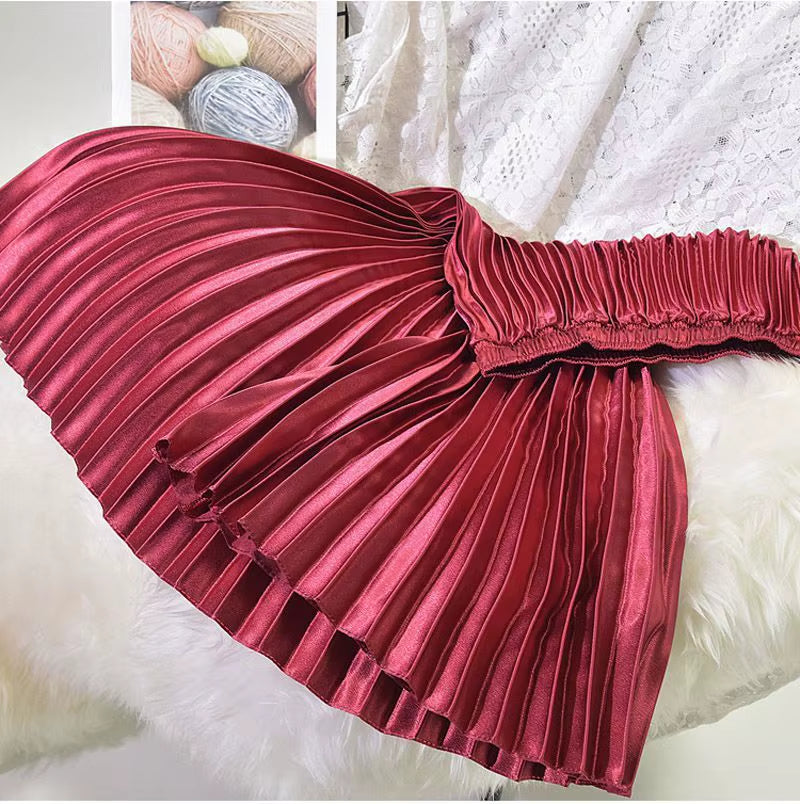 Korean Women Fashion Pleated Satin Long Skirt Female Chic Streetwear Elastic High Waist Red Skirts Saia 2024 Autumn Winter SK245
