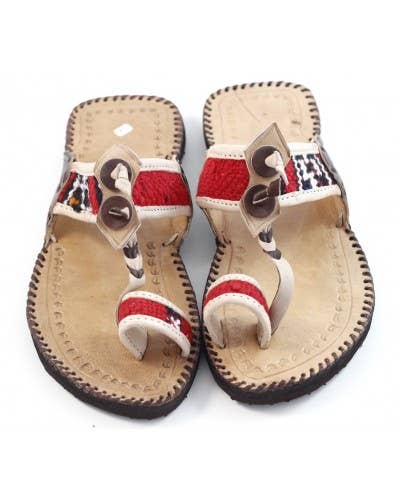 Sandalias de cuero beige y tela de panama