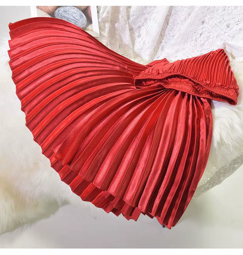 Korean Women Fashion Pleated Satin Long Skirt Female Chic Streetwear Elastic High Waist Red Skirts Saia 2024 Autumn Winter SK245