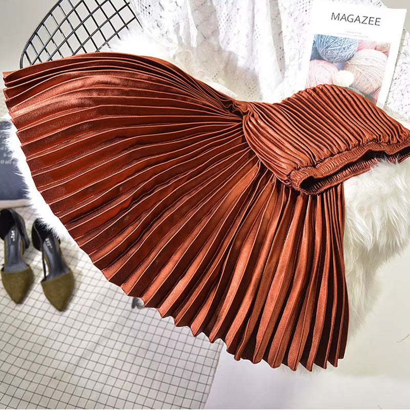 Korean Women Fashion Pleated Satin Long Skirt Female Chic Streetwear Elastic High Waist Red Skirts Saia 2024 Autumn Winter SK245