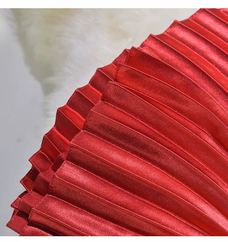 Korean Women Fashion Pleated Satin Long Skirt Female Chic Streetwear Elastic High Waist Red Skirts Saia 2024 Autumn Winter SK245