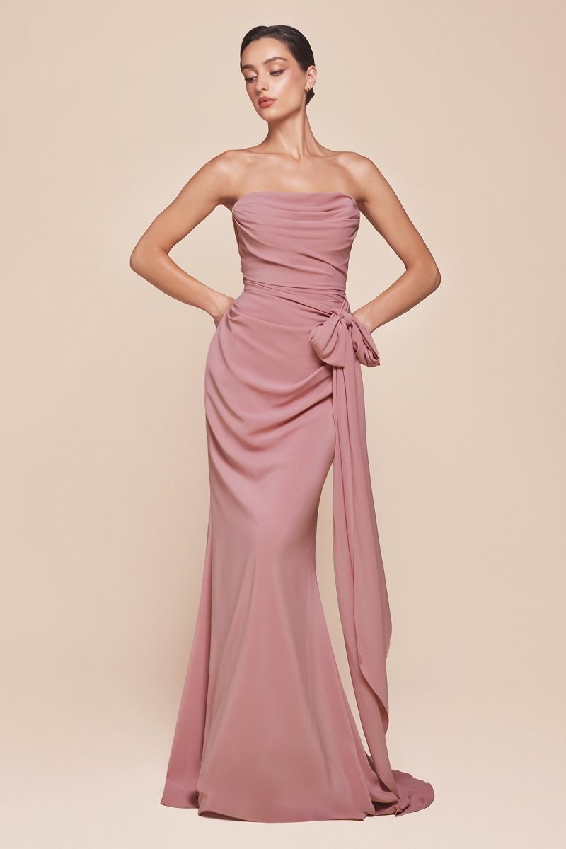 Elegant Bridesmaid Strapless Gown w/ Draped Neckline & Convertible Tie CD7433