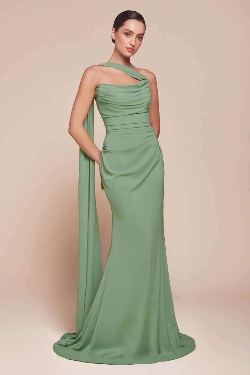 Elegant Bridesmaid Strapless Gown w/ Draped Neckline & Convertible Tie CD7433