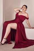 Plus Size Burgundy Off-Shoulder Gown with Draped Bodice and Slit CD7493C