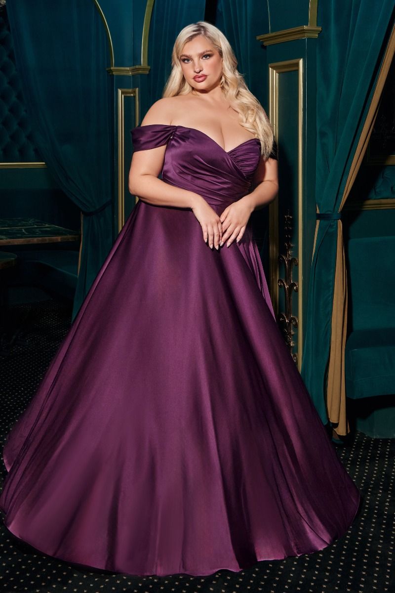 Plus Size Burgundy Off-Shoulder Gown with Draped Bodice and Slit CD7493C