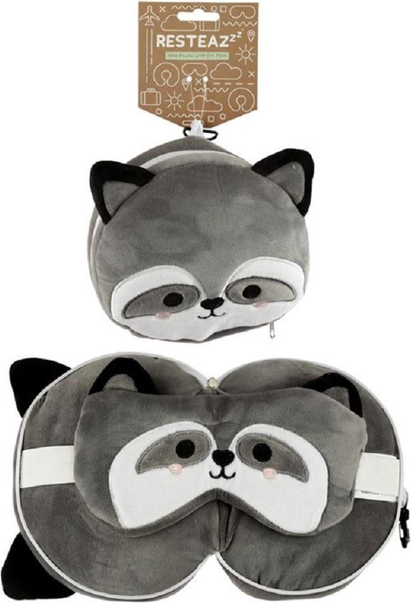 Puckator - resteazzz - neck pillow with sleeping mask - gray raccoon round neck pillow - neck support for travel airplane car bus