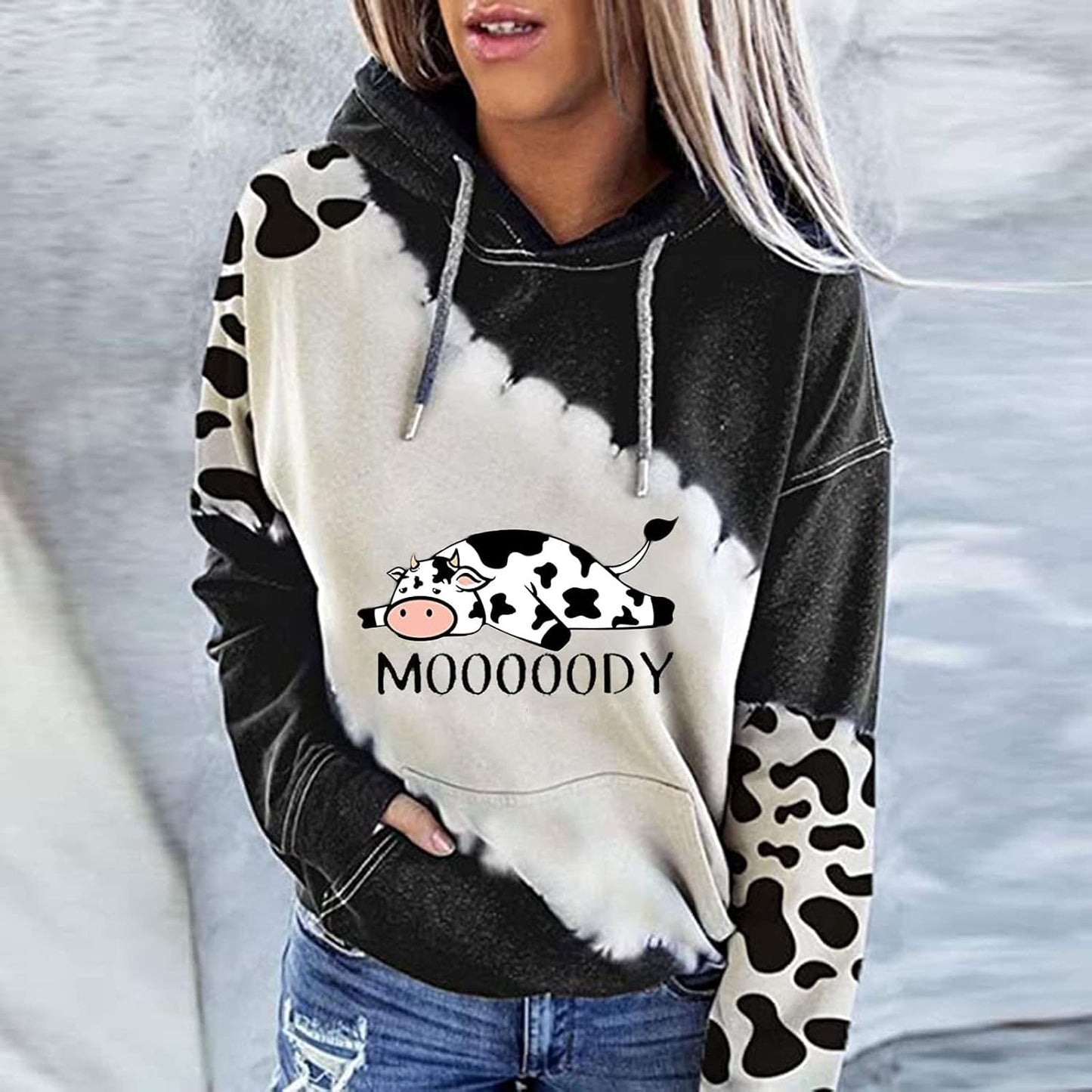 Womens Casual Hoodies Sweater, Long Sleeve Drawstring Loose Sweatshirt Fall Comfy Color Block Trendy Pullover Tops