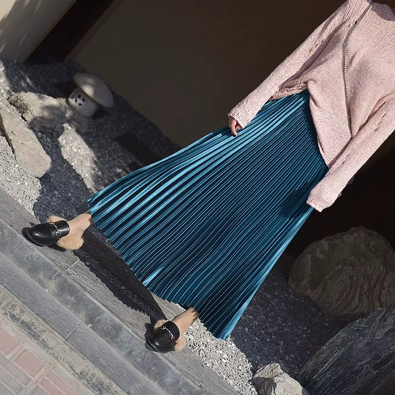 Korean Women Fashion Pleated Satin Long Skirt Female Chic Streetwear Elastic High Waist Red Skirts Saia 2024 Autumn Winter SK245