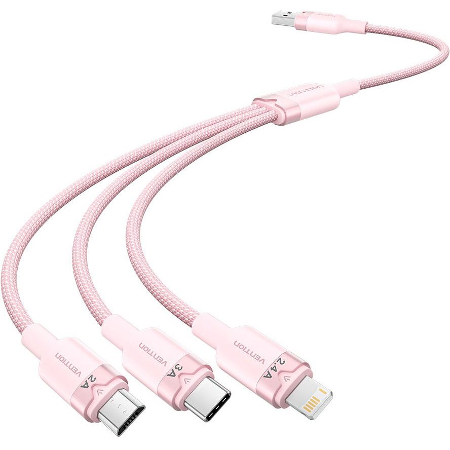 Vention USB 2.0 A Male to 3in1 USB-C, Lightning, Micro-B Male 3A, 1.5 m, Alu. Alloy Type, pink