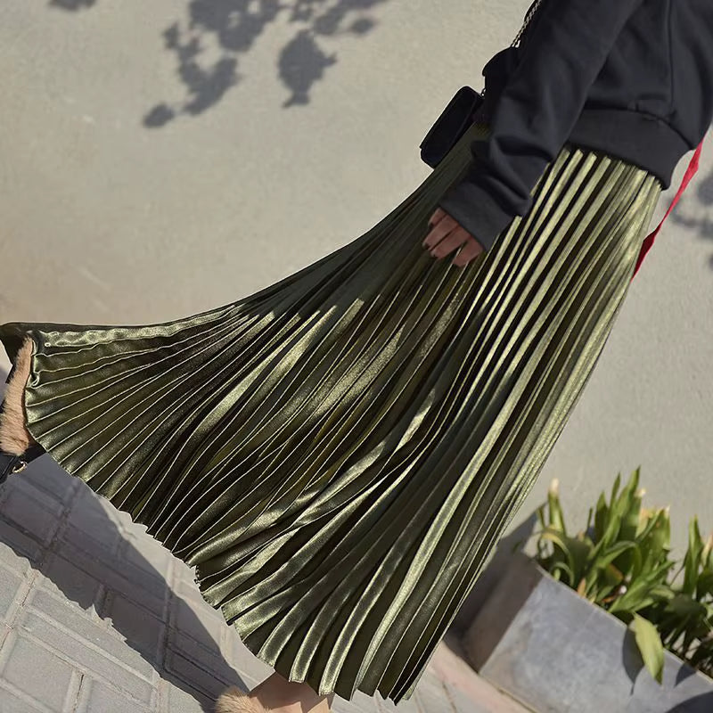 Korean Women Fashion Pleated Satin Long Skirt Female Chic Streetwear Elastic High Waist Red Skirts Saia 2024 Autumn Winter SK245