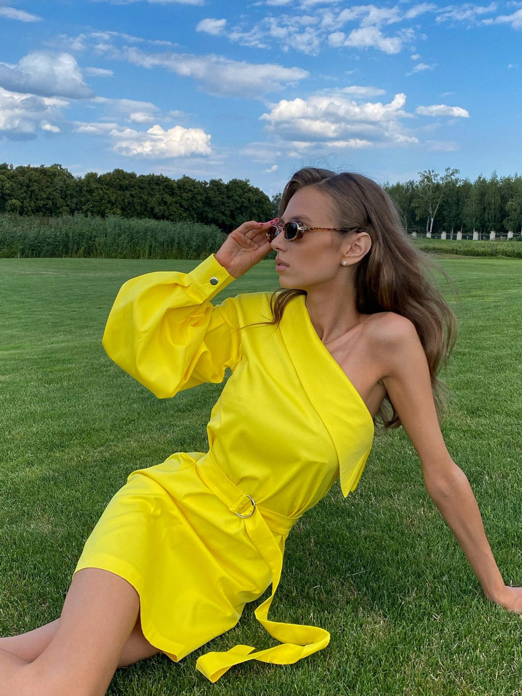 one-shoulder dress with pleated long sleeve