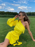one-shoulder dress with pleated long sleeve