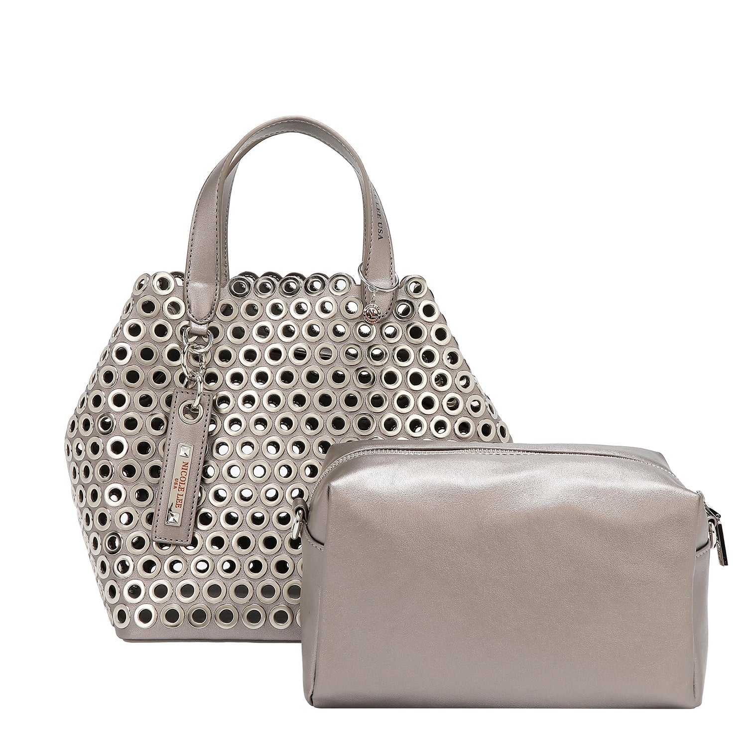 BOLSO SATCHEL CON BORDE DE OJALES (PLATA)