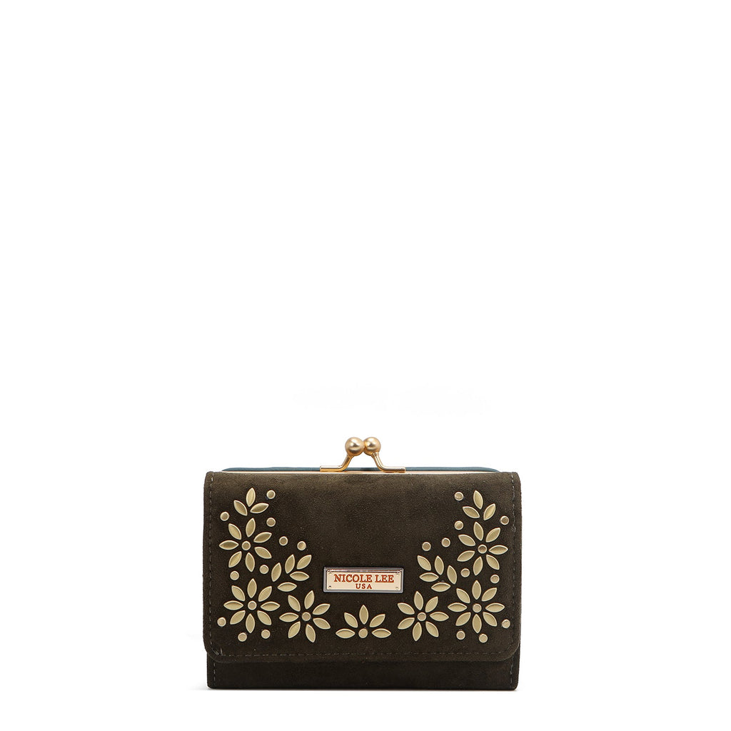 CARTERA COMPACTA CON ESTAMPADO FLORAL DE HOJAS (OLIVA)
