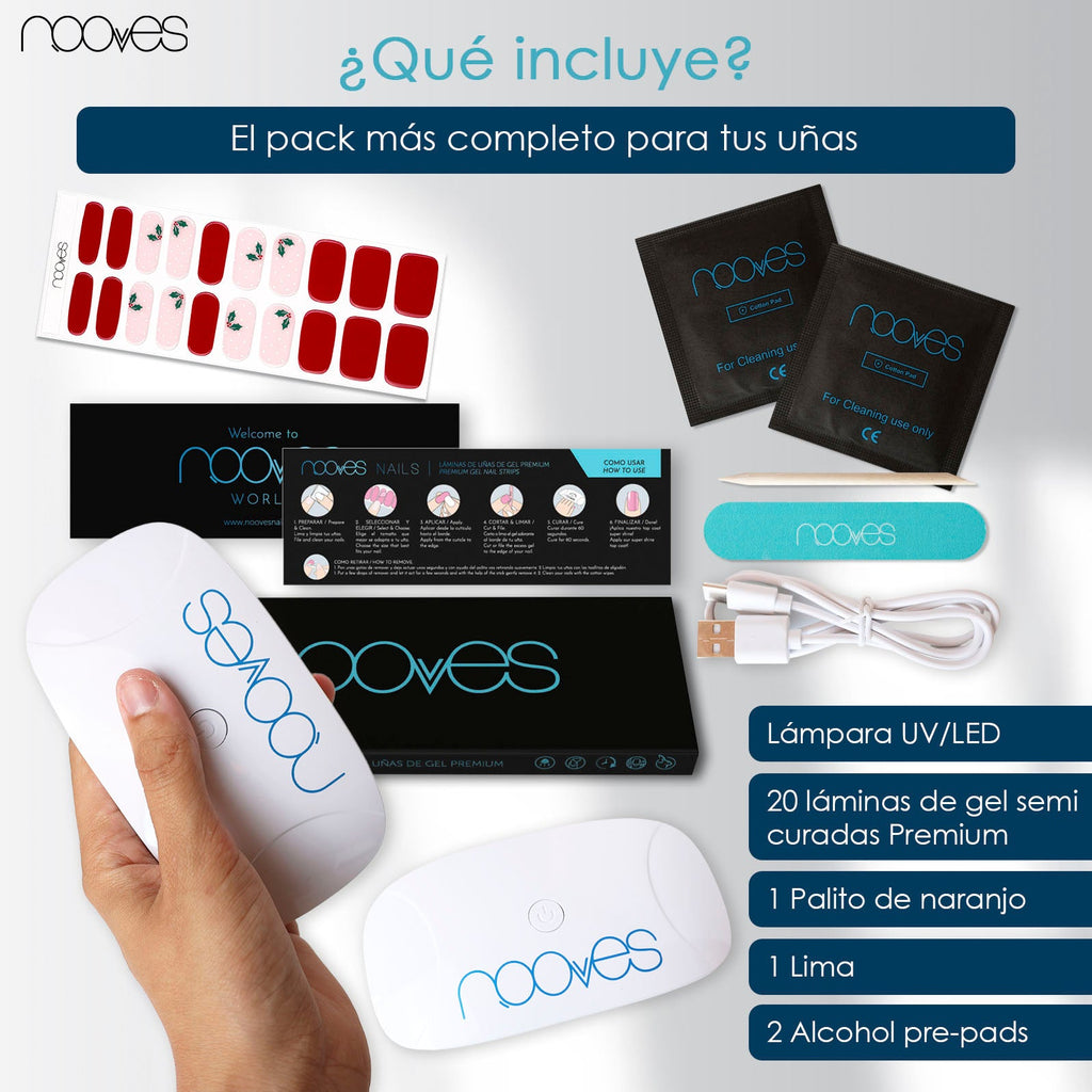 Pack Lámina de uñas de gel Premium precurado Nooves Diseños Navidad + Lámpara uñas UV/LED PORTÁTIL 8w