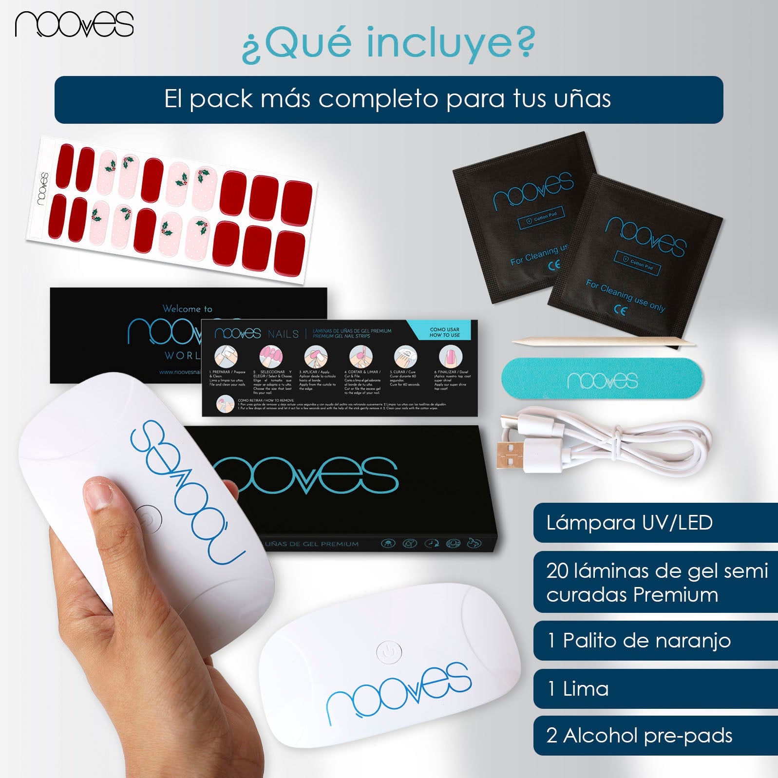 Pack Lámina de uñas de gel Premium precurado Nooves Diseños Navidad + Lámpara uñas UV/LED PORTÁTIL 8w