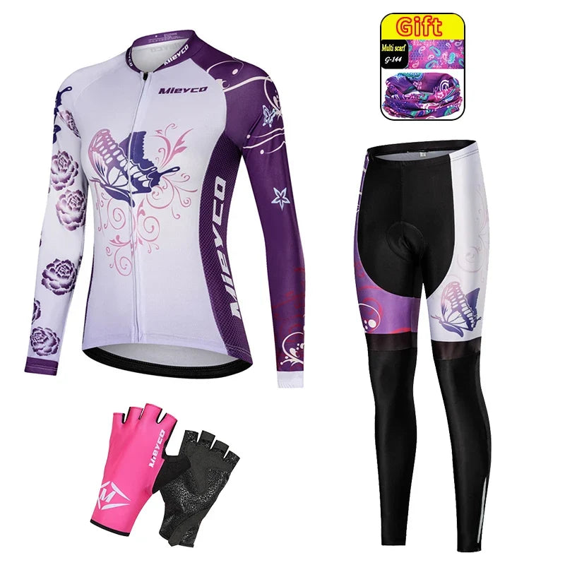 Women Long Sleeve Cycling Jersey Set MTB Bike Quick Dry Breathable Cycling Suit