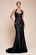Sheath Satin Halter High Slit Wedding Guest Dress Elegant Designer - CDCD796C