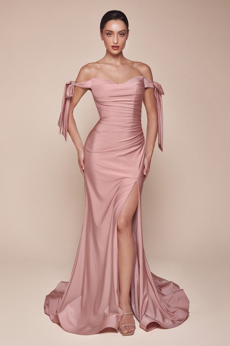 Stretch Jersey Gathered Off or On Shoulder Bodice Leg Slit Long Prom & Bridesmaid Dress CDCD943