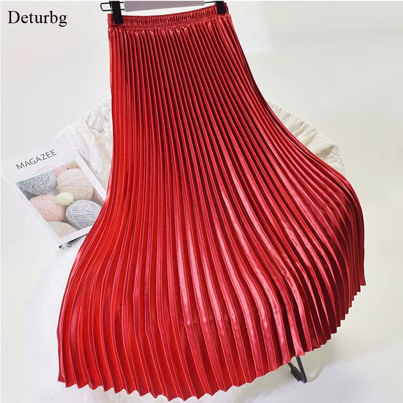 Korean Women Fashion Pleated Satin Long Skirt Female Chic Streetwear Elastic High Waist Red Skirts Saia 2024 Autumn Winter SK245