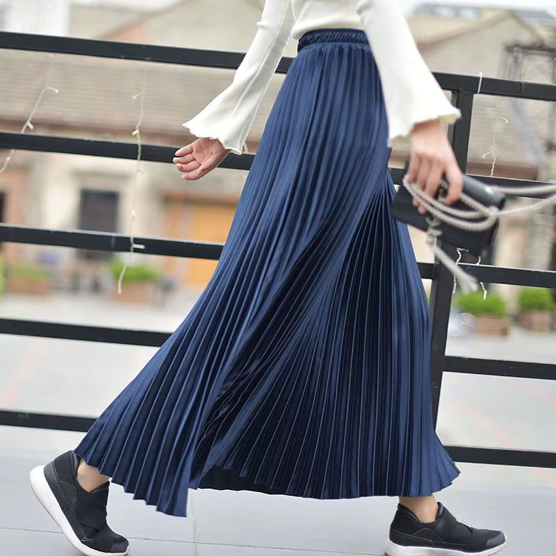 Korean Women Fashion Pleated Satin Long Skirt Female Chic Streetwear Elastic High Waist Red Skirts Saia 2024 Autumn Winter SK245
