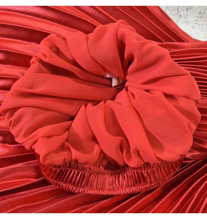Korean Women Fashion Pleated Satin Long Skirt Female Chic Streetwear Elastic High Waist Red Skirts Saia 2024 Autumn Winter SK245
