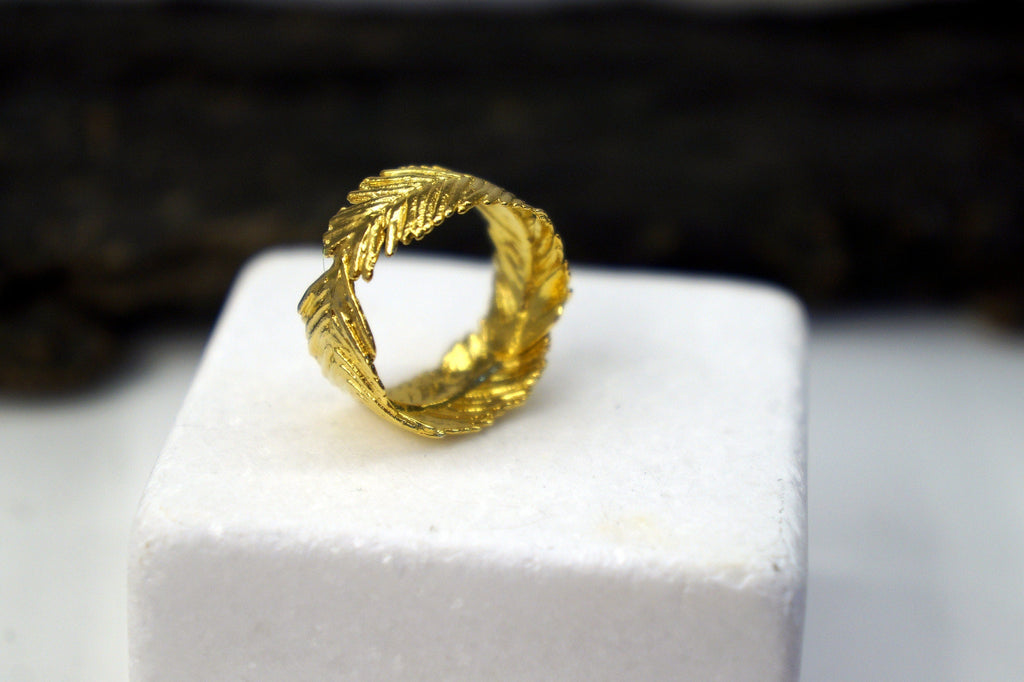 Solid Gold Mimosa Ring, Handmade Nature Jewelry, Organic Forest Band, Eco Gift for Health & Rejuvenation, Real Gold (9K, 14K, 18K)