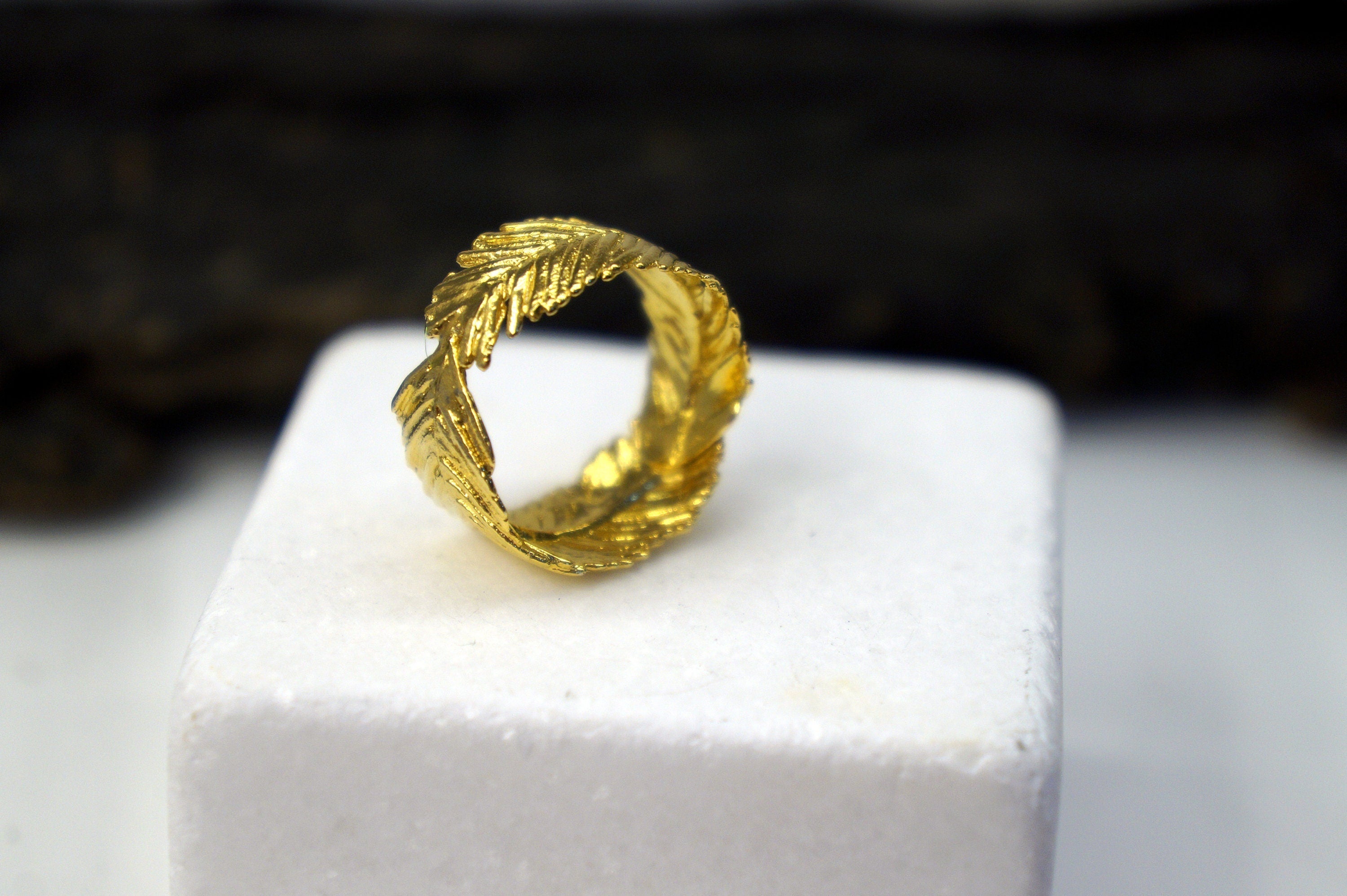 Solid Gold Mimosa Ring, Handmade Nature Jewelry, Organic Forest Band, Eco Gift for Health & Rejuvenation, Real Gold (9K, 14K, 18K)