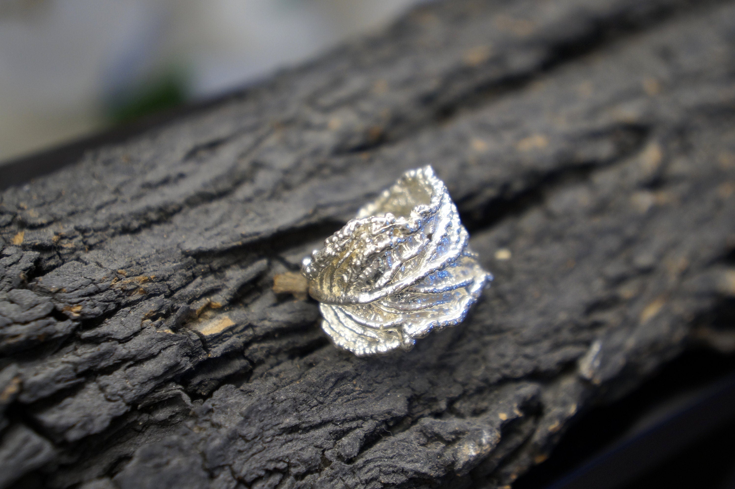 Real Leaf Silver Band Ring, Handmade Statement Jewelry, Organic Botanical Band, Unique Gift for Nature Lovers, Sterling Silver 925