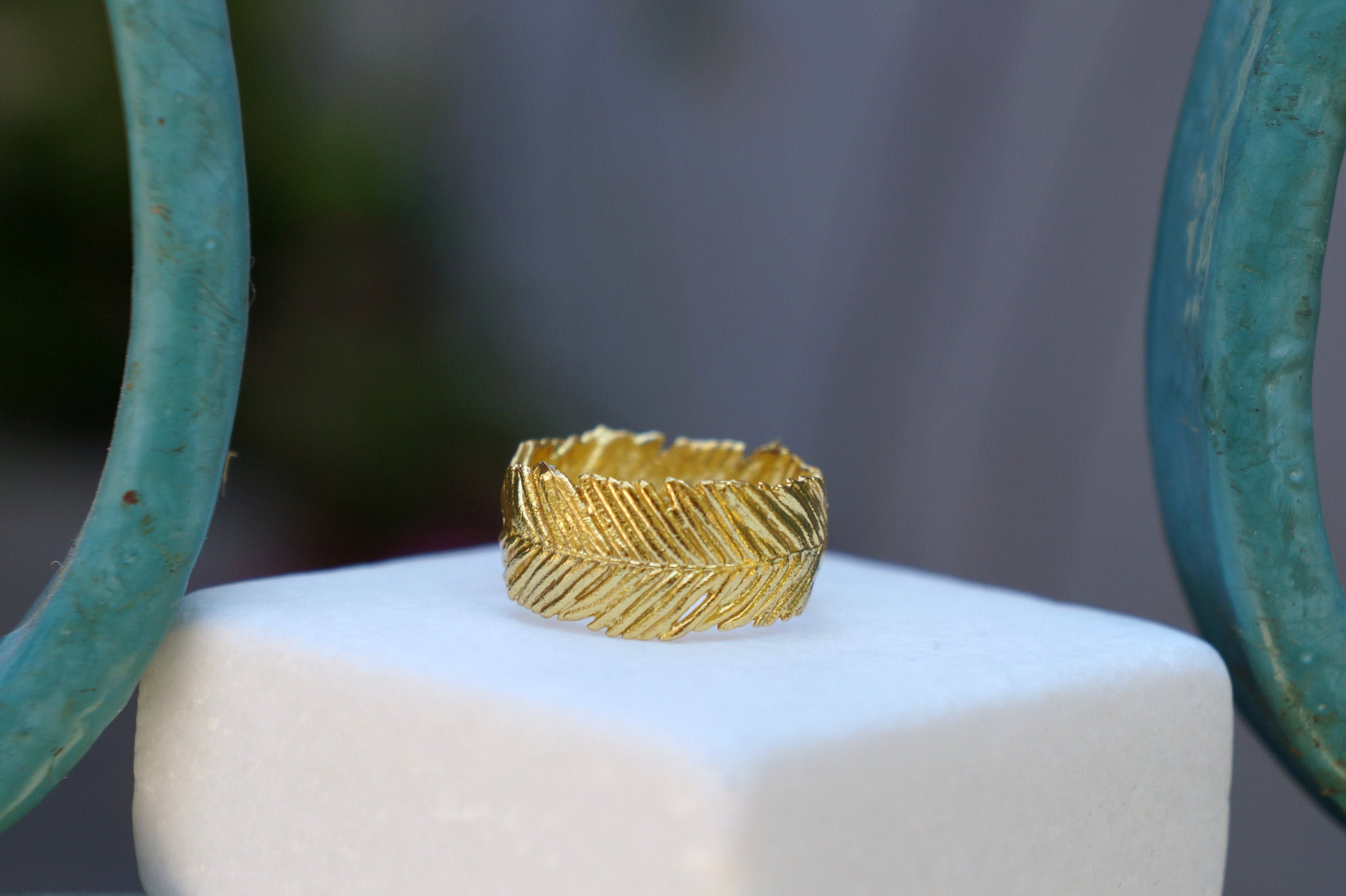 Solid Gold Mimosa Ring, Handmade Nature Jewelry, Organic Forest Band, Eco Gift for Health & Rejuvenation, Real Gold (9K, 14K, 18K)