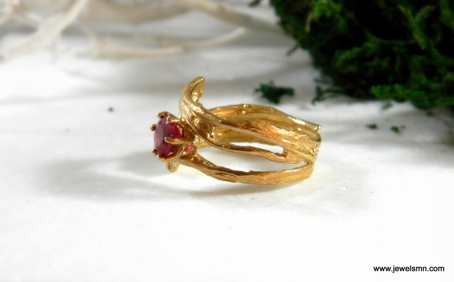 Gold Branch Ring with Lab Diamond, 14K Gold Plated Sterling Silver 925 Jewelry, Handmade Jewelry Gift for Women, Nature-Inspired Ring