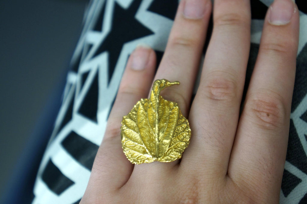 Mulberry Leaf Ring: Handmade 14K Gold Recycled Brass Botanical Jewelry