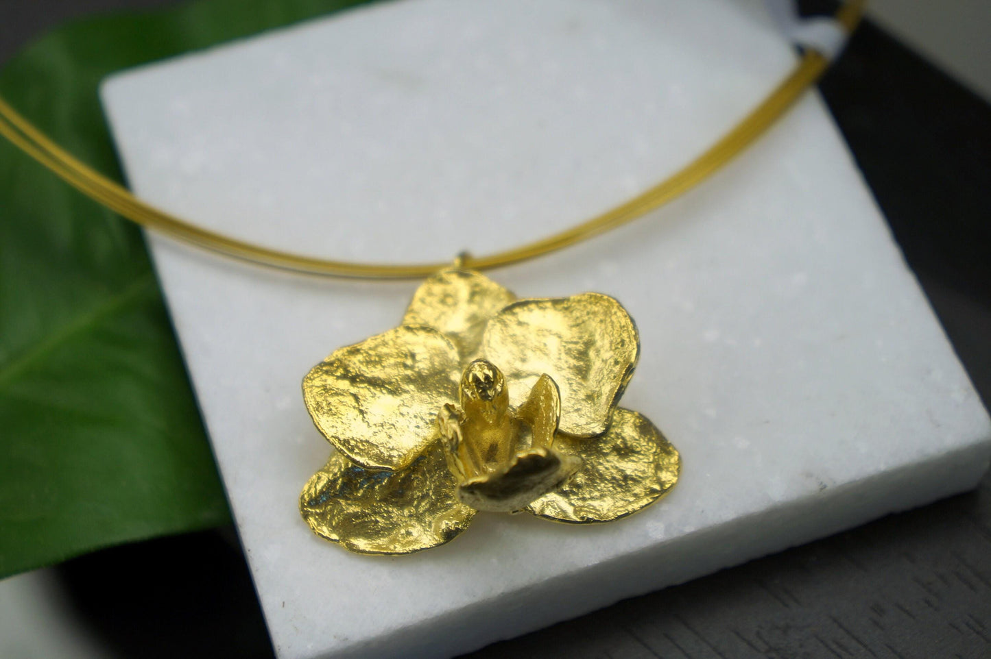 Gold Orchid Flower Necklace, Handmade Nature Jewelry, Organic Statement Pendant, Gift for Beauty & Health, Eco Sustainable Brass
