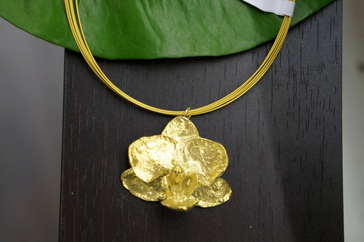 Gold Orchid Flower Necklace, Handmade Nature Jewelry, Organic Statement Pendant, Gift for Beauty & Health, Eco Sustainable Brass