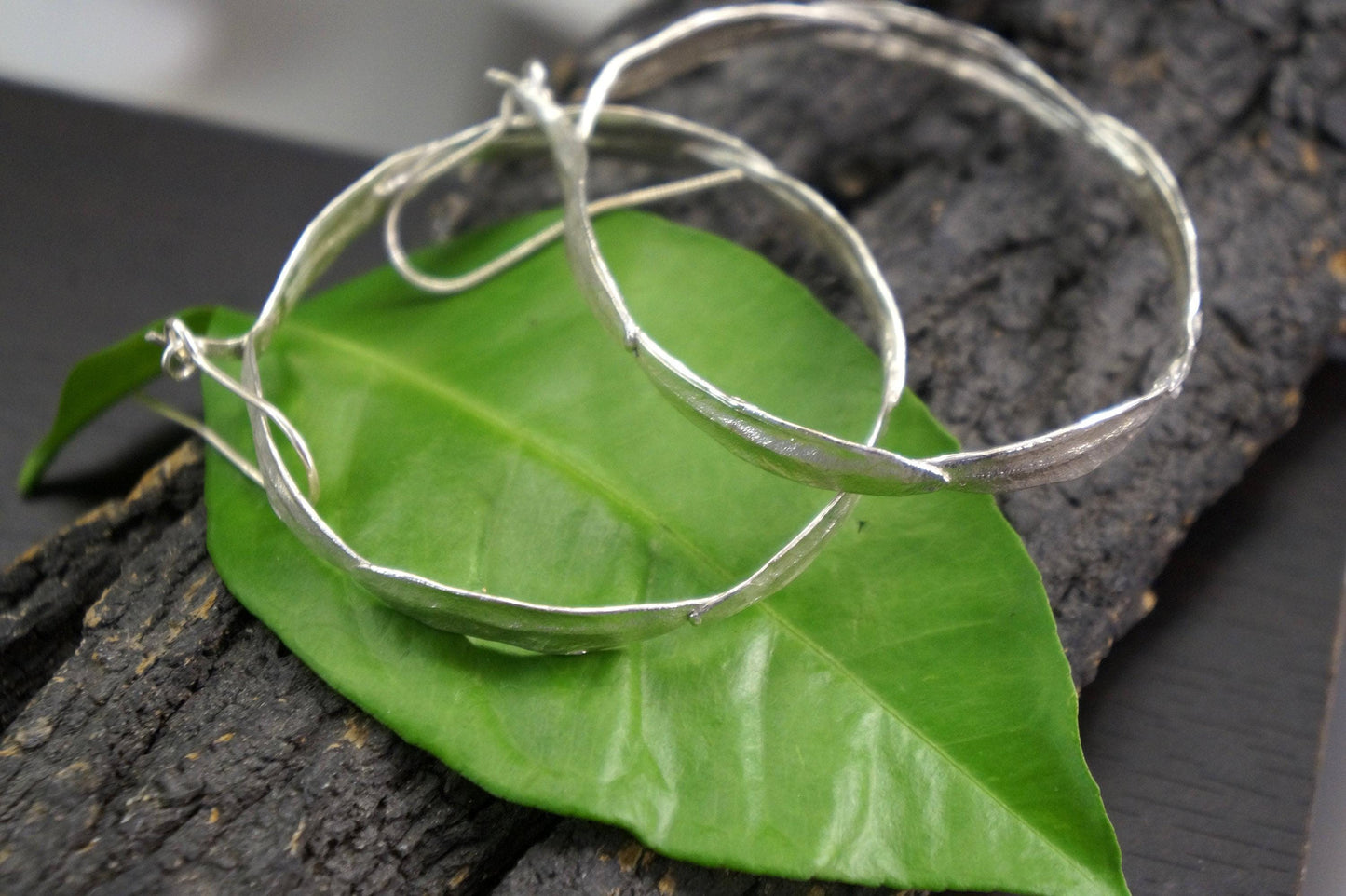 Silver Olive Leaf Hoop Earrings, Handmade Nature Jewelry, Botanical Round Dangles, Gift for Luck & Success, Sterling Silver 925
