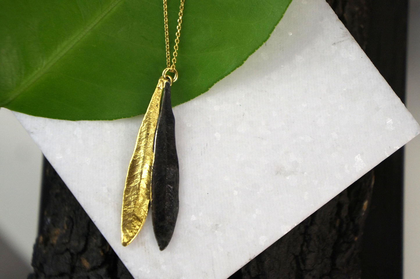 Olive Leaves Necklace: Nature Inspired Jewelry (Gold & Black Rhodium) Recycled Brass