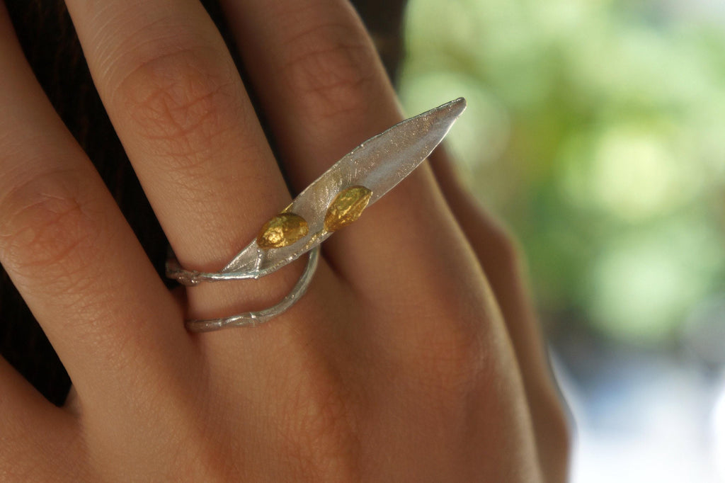 Real Olive Branch Silver Ring, Handmade Nature Jewelry, Organic Botanical Band, Gift for Peace & Protection, Sterling Silver 925