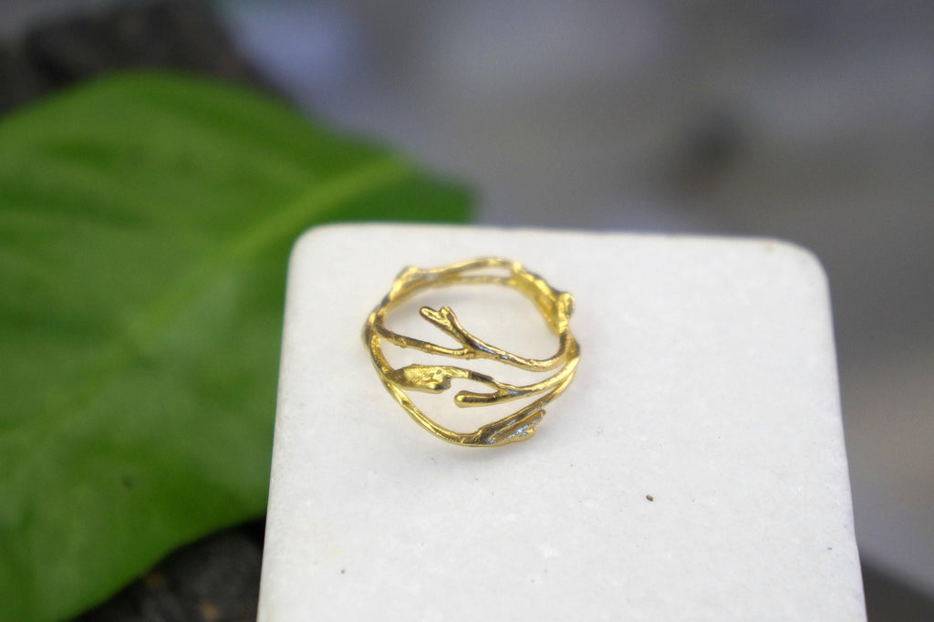 Real Jasmine Twig Gold Ring, Handmade Nature Jewelry, Organic Branch Band, Gift for Beauty & Purity, Eco Sustainable Sterling Silver 925