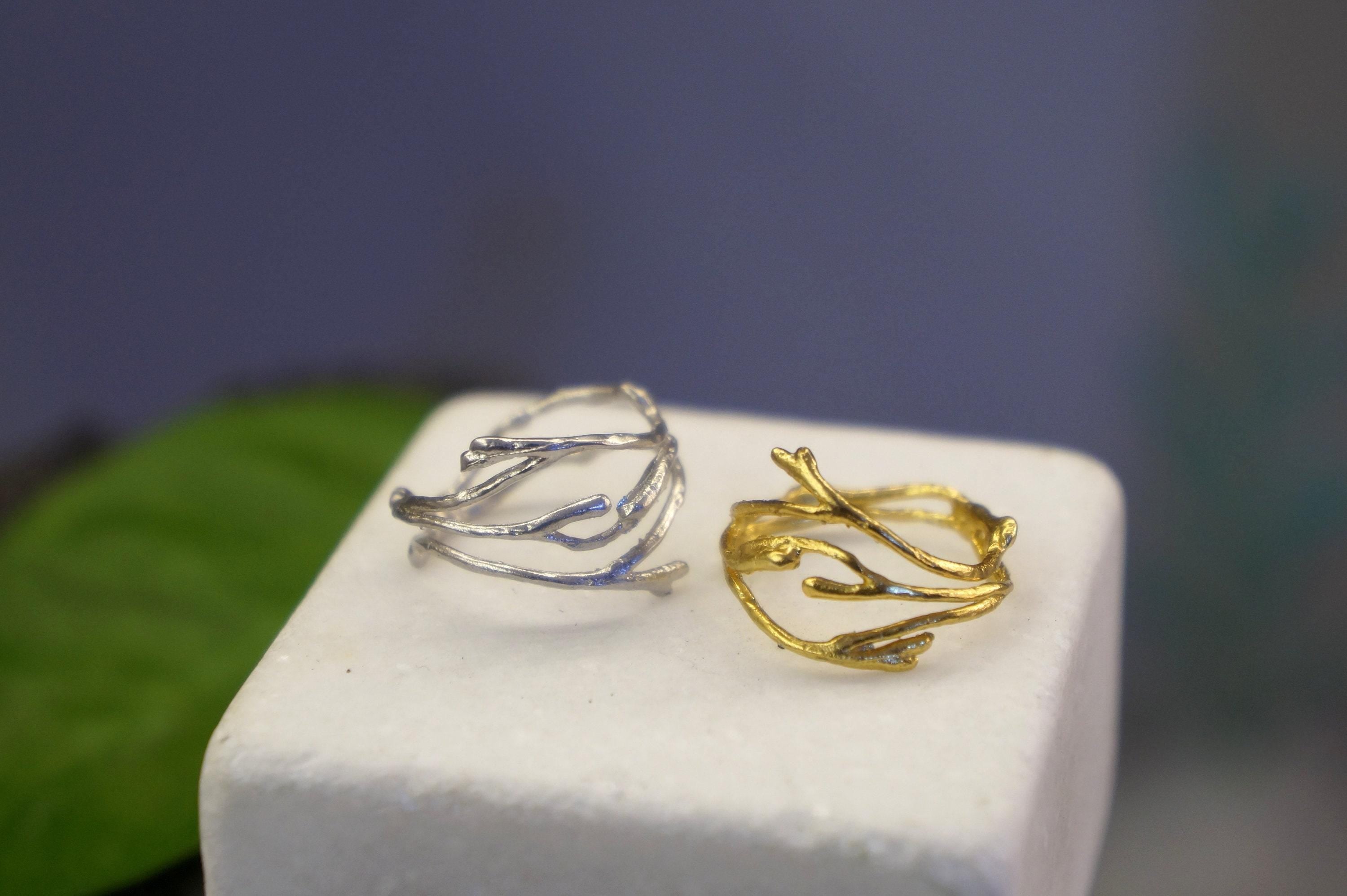 Real Jasmine Twig Gold Ring, Handmade Nature Jewelry, Organic Branch Band, Gift for Beauty & Purity, Eco Sustainable Sterling Silver 925