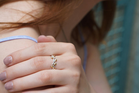 Gold Acacia Ring, Gold-Plated Sterling Silver Jewelry, Acacia Leaf Band, Gift for Her, Birthday Gift for Women, Handmade Jewelry