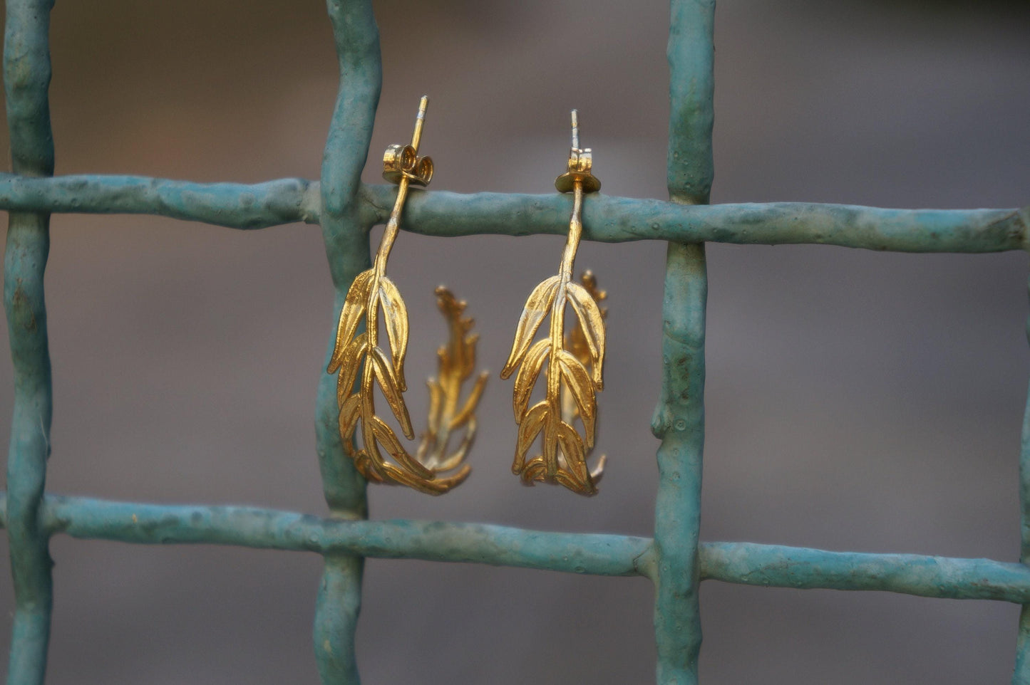 Real Araucaria Leaf Hoop Earrings, Handmade Nature Jewelry, Organic Botanical Hoops, Unique Gift for Nature Lovers, Gold or Sterling Silver 925