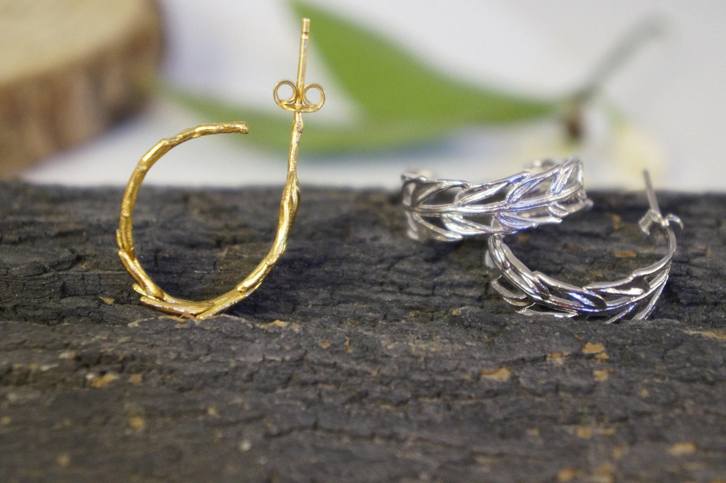 Real Araucaria Leaf Hoop Earrings, Handmade Nature Jewelry, Organic Botanical Hoops, Unique Gift for Nature Lovers, Gold or Sterling Silver 925
