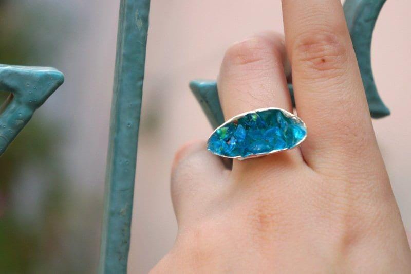 Real Mussel Shell Silver Ring with Blue Murano Glass, Handmade Nature Jewelry, Organic Nature Band, Gift for Wisdom & Balance, Gold or Sterling Silver 925