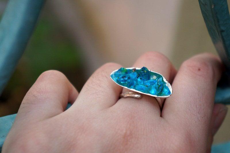 Real Mussel Shell Silver Ring with Blue Murano Glass, Handmade Nature Jewelry, Organic Nature Band, Gift for Wisdom & Balance, Gold or Sterling Silver 925