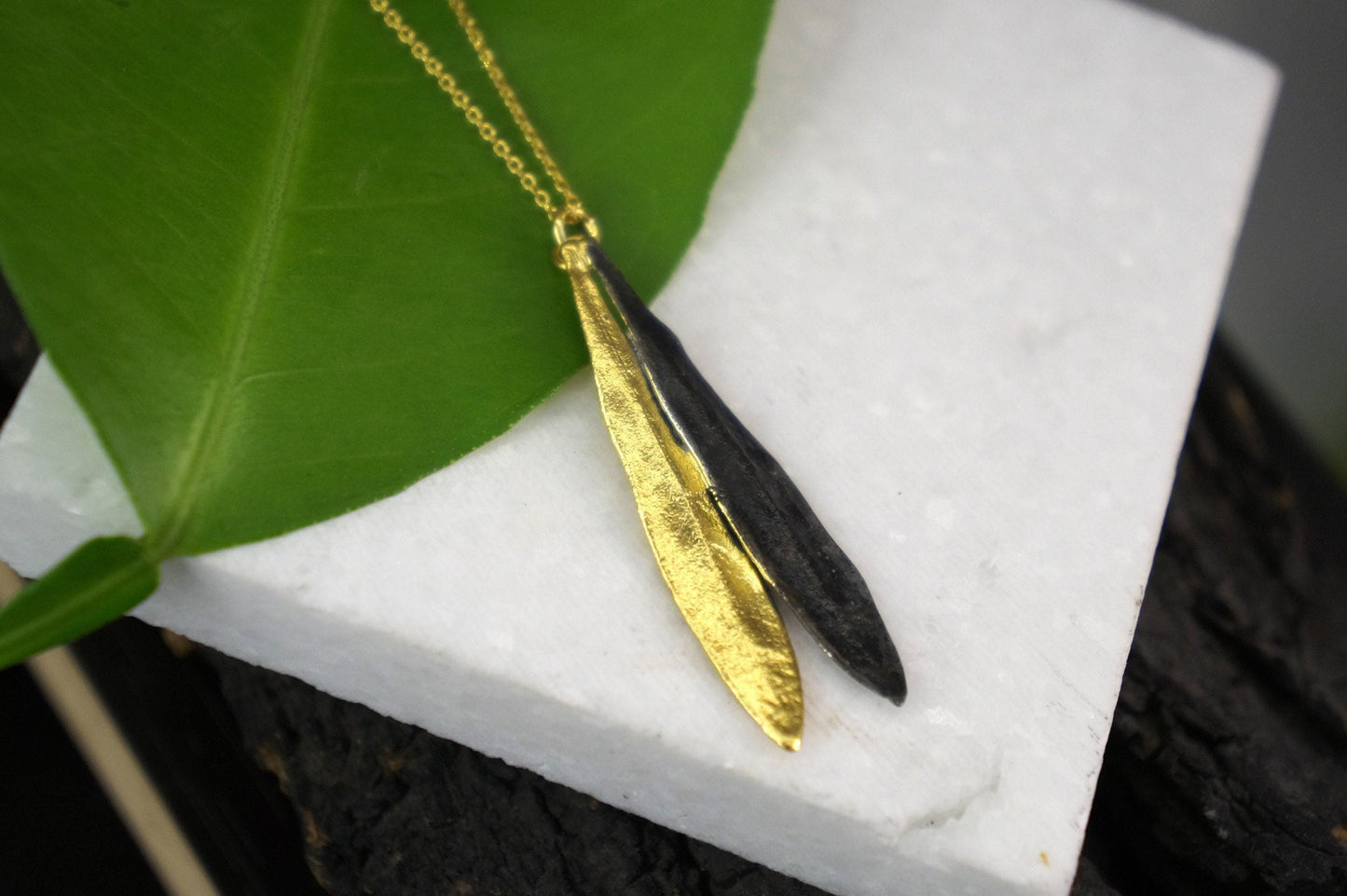 Olive Leaves Necklace: Nature Inspired Jewelry (Gold & Black Rhodium) Recycled Brass