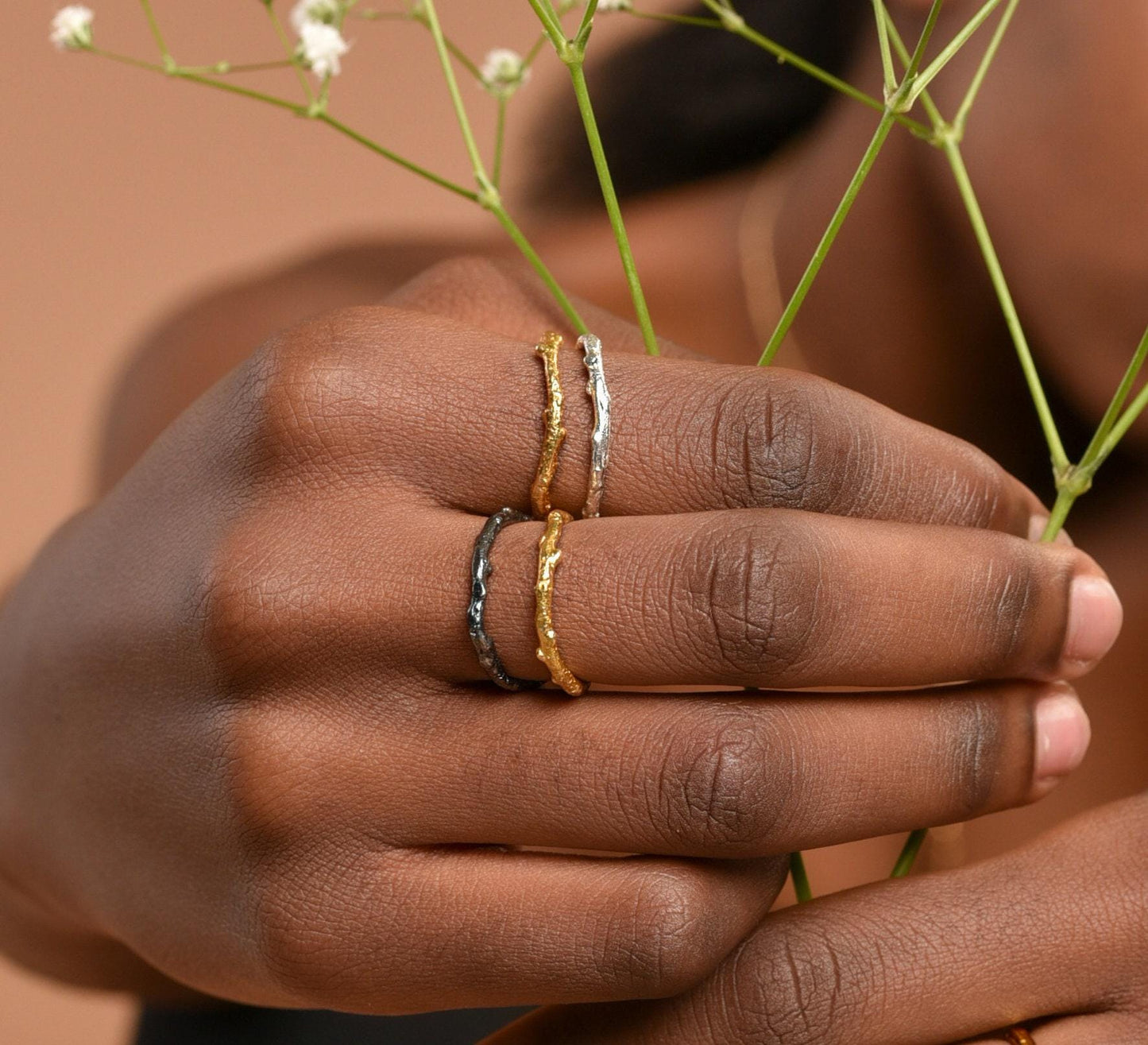 Real Olive Branch Gold Band Ring, Handmade Nature Jewelry, Organic Botanical Band, Gift for Peace & Protection, 14K Gold Plated Sterling Silver 925