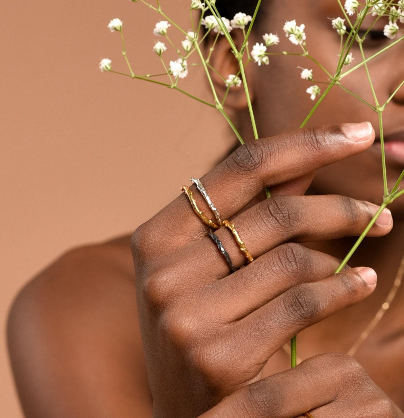 Real Olive Branch Gold Band Ring, Handmade Nature Jewelry, Organic Botanical Band, Gift for Peace & Protection, 14K Gold Plated Sterling Silver 925